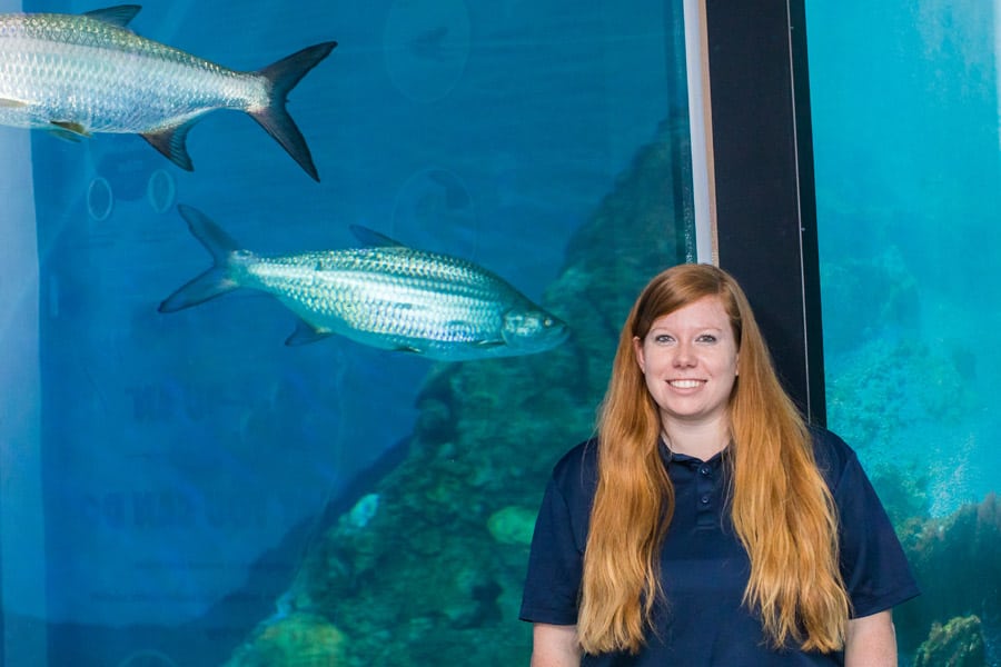 Lindsey DiCicco a volunteer at Clearwater Marine Aquarium that survived an AVM aneurysm and brain surgery. Standing in front of exhibit with fish.