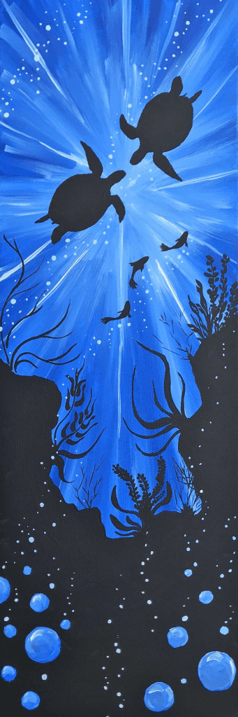 painting of two underwater sea turtles