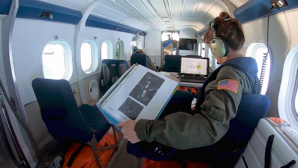 whale researcher on plane